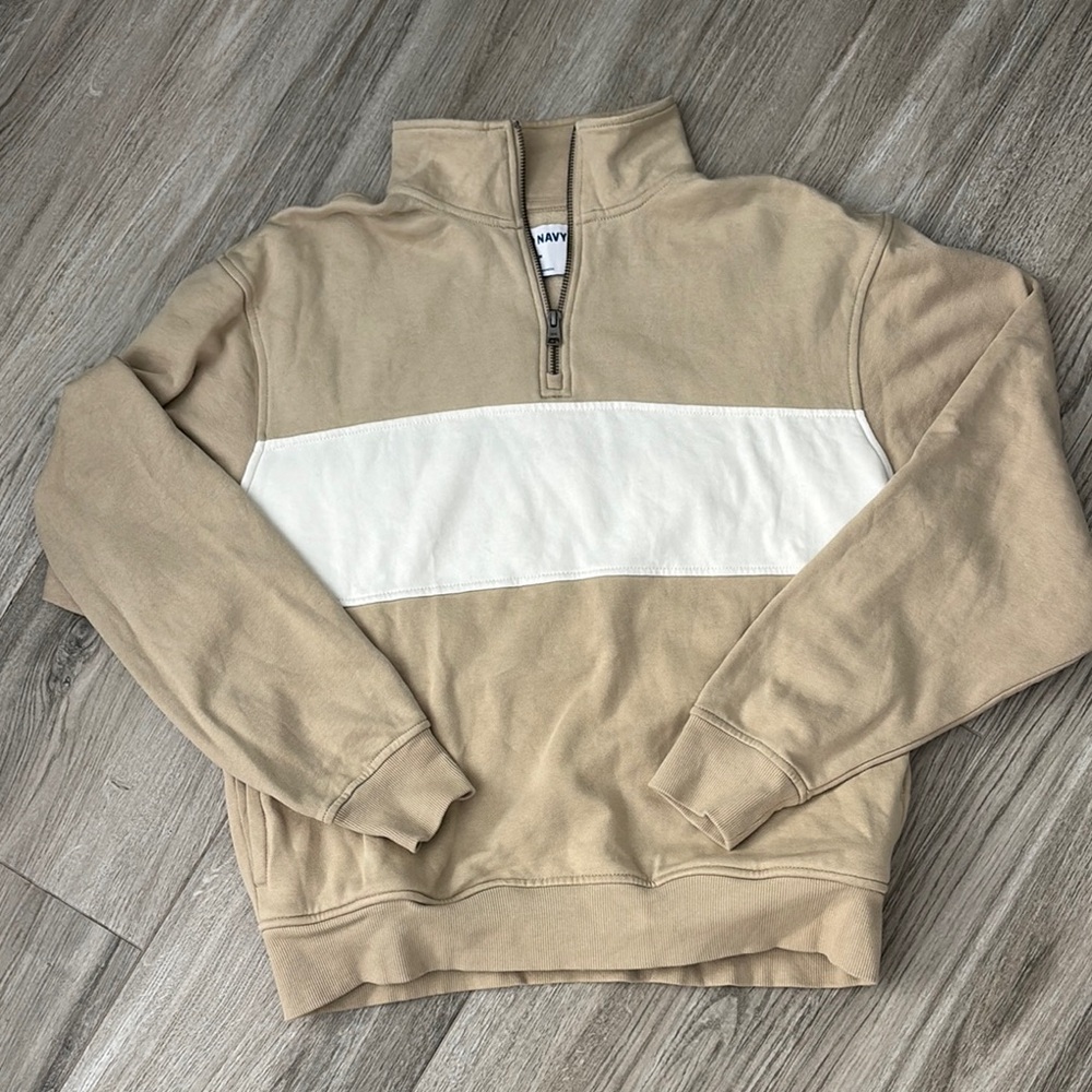 Old Navy Tan and White Zip Up Sweater